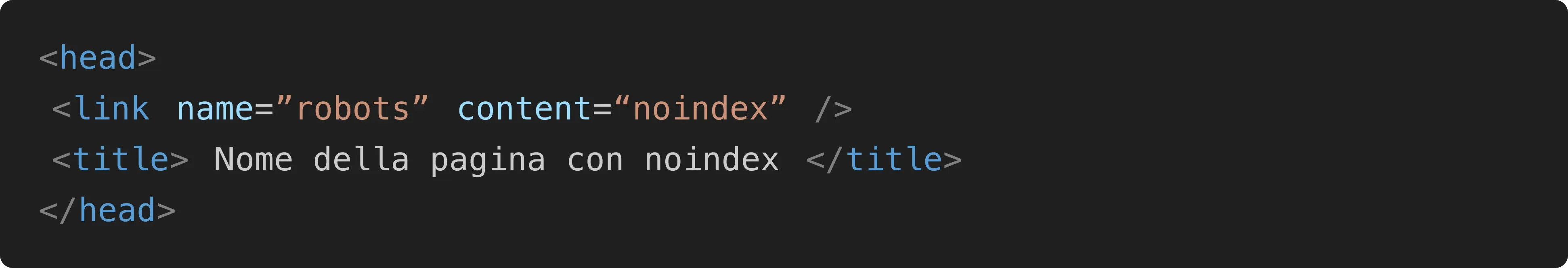 Immagine che mostra come deve essere scritto in codice html il tag "no-index"