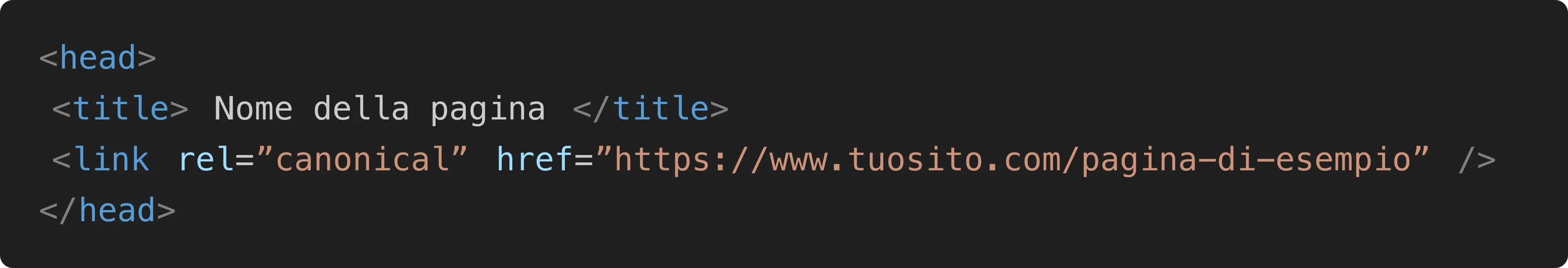 Immagine che mostra come deve essere scritto in codice html un url "canonical"