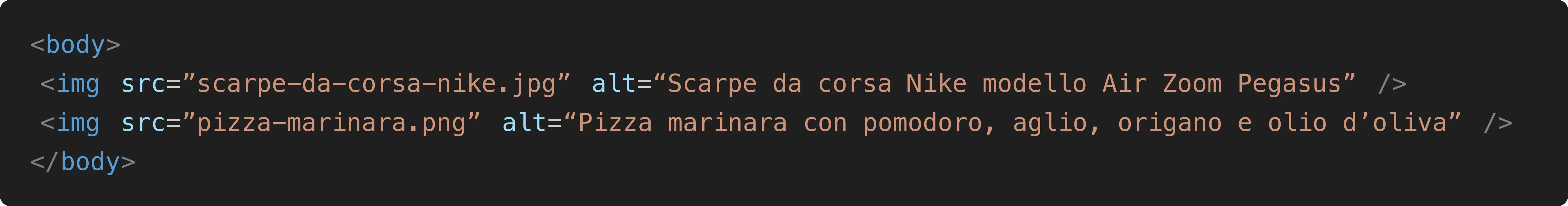 Immagine che mostra come deve essere scritto in codice html l'attributo alt e come deve essere scritto in modo chiaro il file dell'immagine