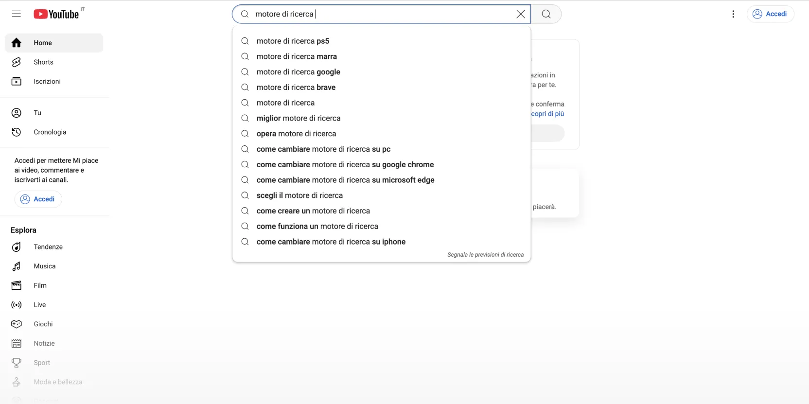 Ricerca su youtube con attive le voci consigliate da youtube suggest