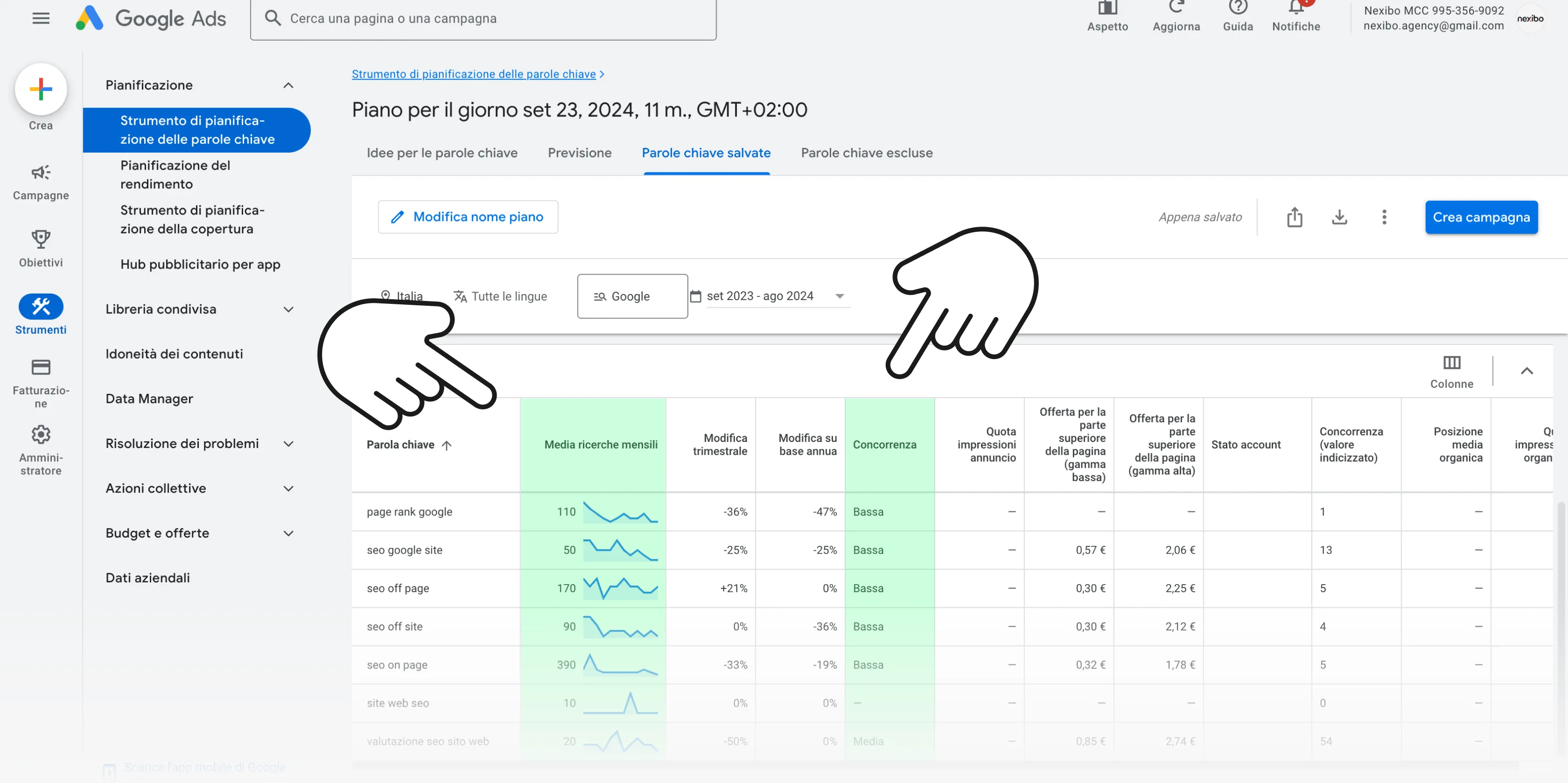 Schermata Google Keyword Planner con evidenziate ricerche mensili e concorrenza per una data parola