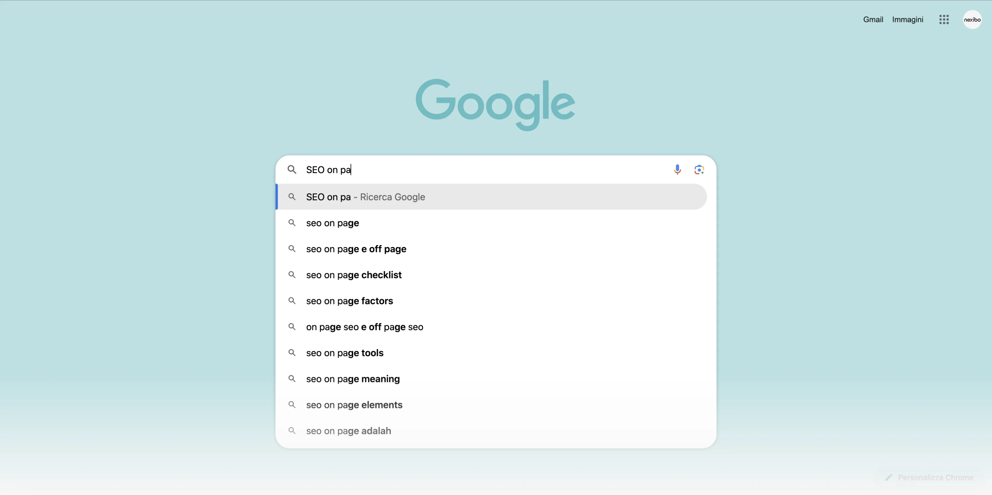 Schermata Google Suggest che mostra ricerca in corso di parole chiave