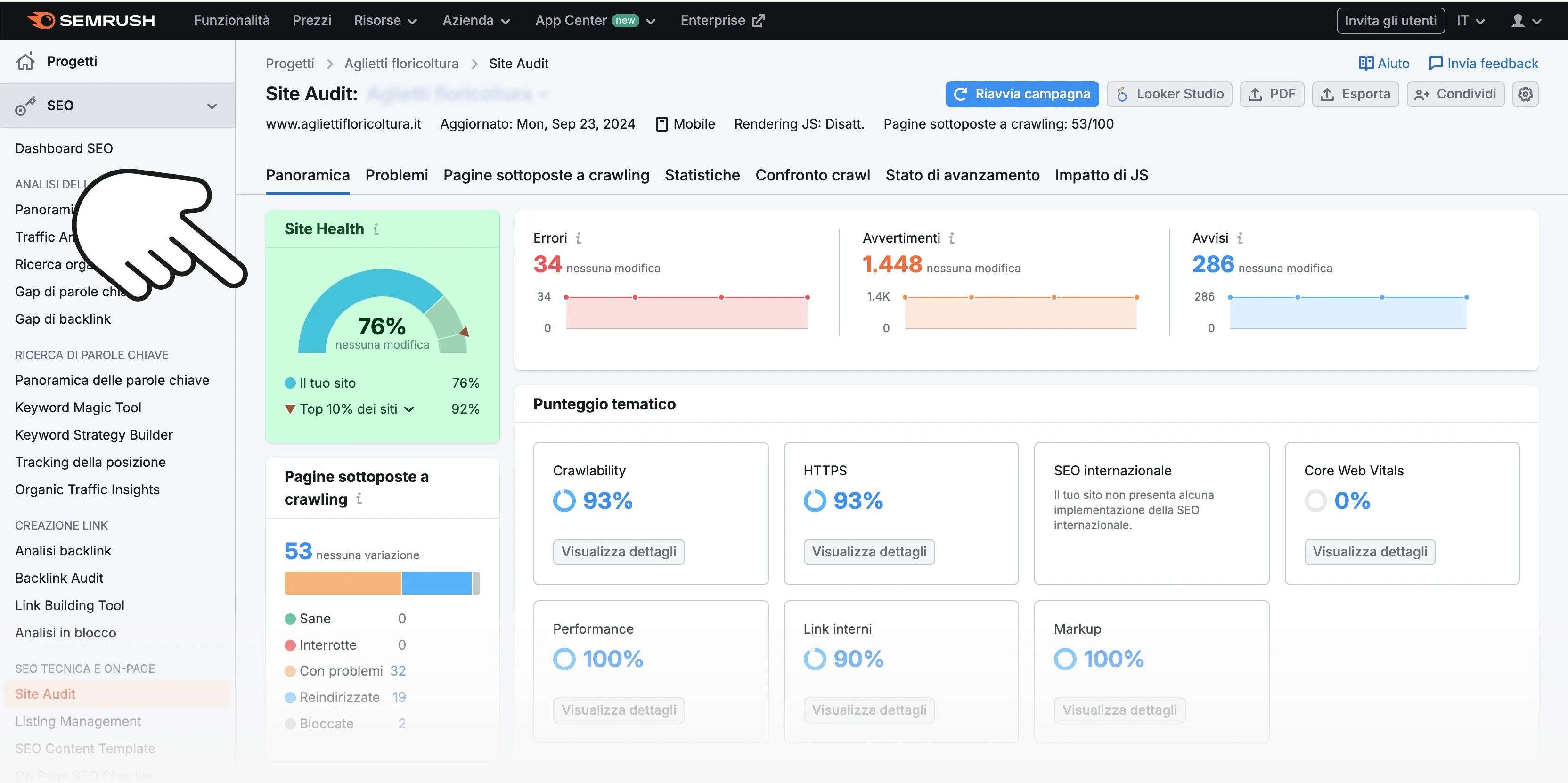 Schermata Site Audit Semrush con evidenziata Site Health del sito