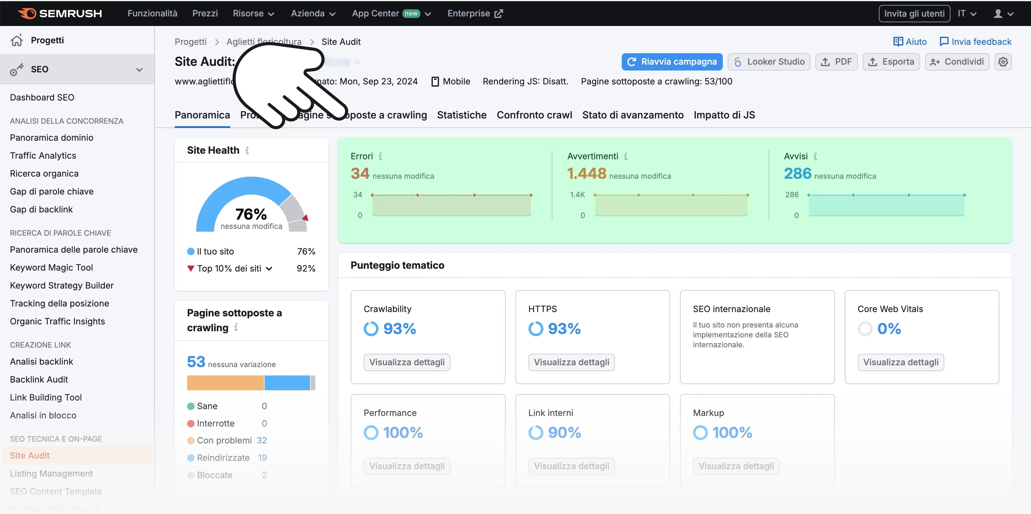 Schermata Site Audit Semrush con evidenziati errori, avvertimenti e avvisi riscontrati