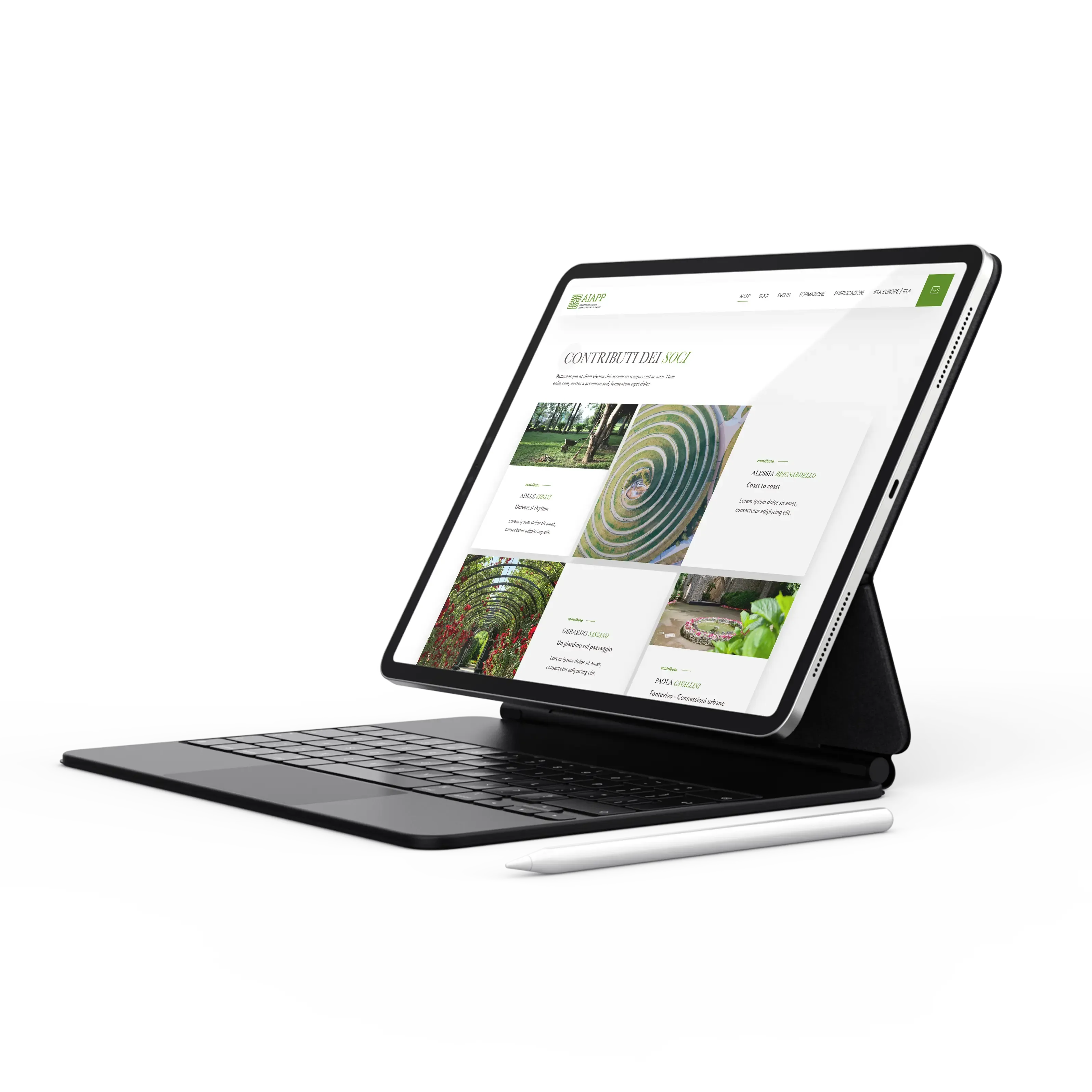 Tablet con tastiera che mostra una pagina web dell'associazione AIAPP dedicata ai contributi dei soci, con immagini di progetti di architettura del paesaggio.