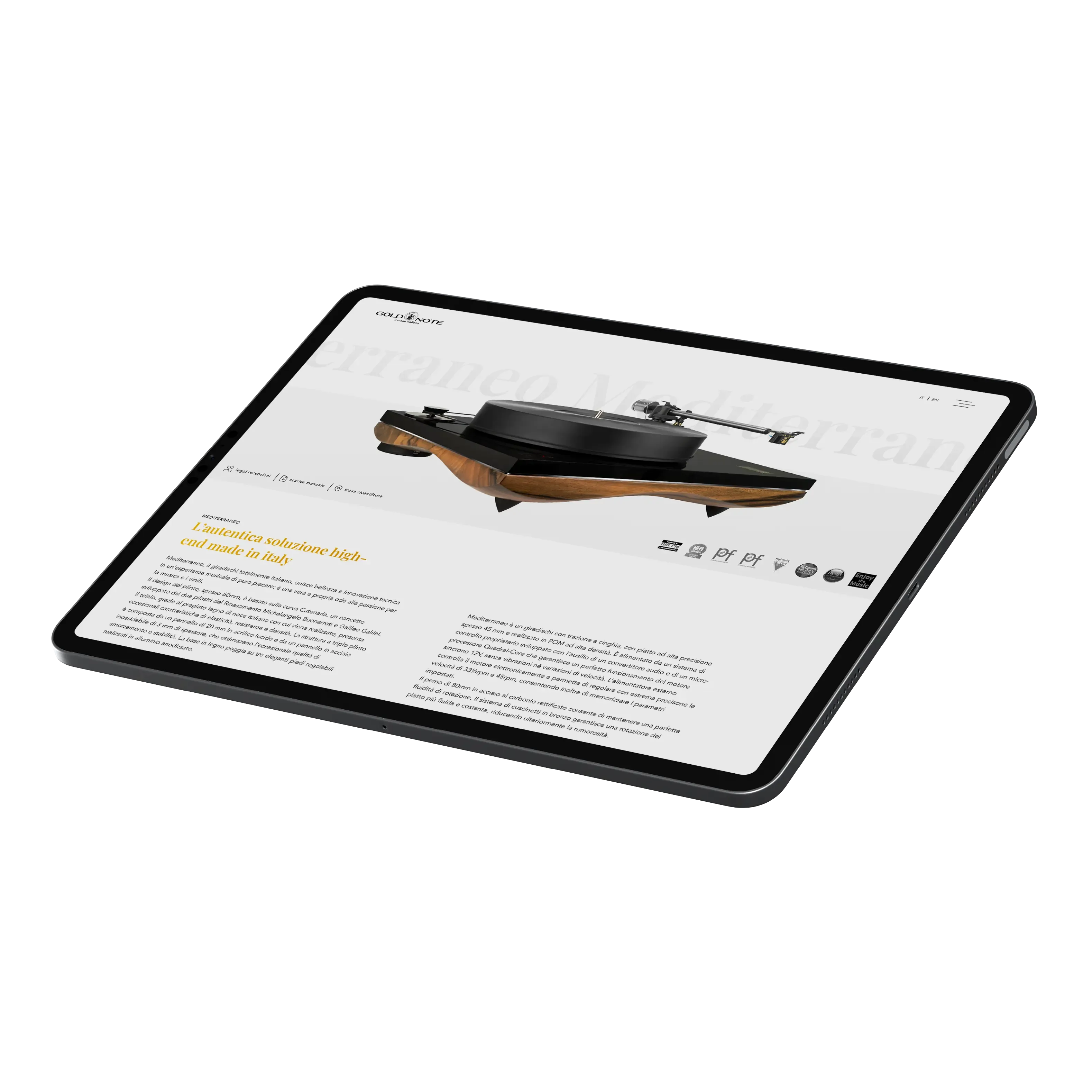 Mockup animato su ipad del sito web Goldnote