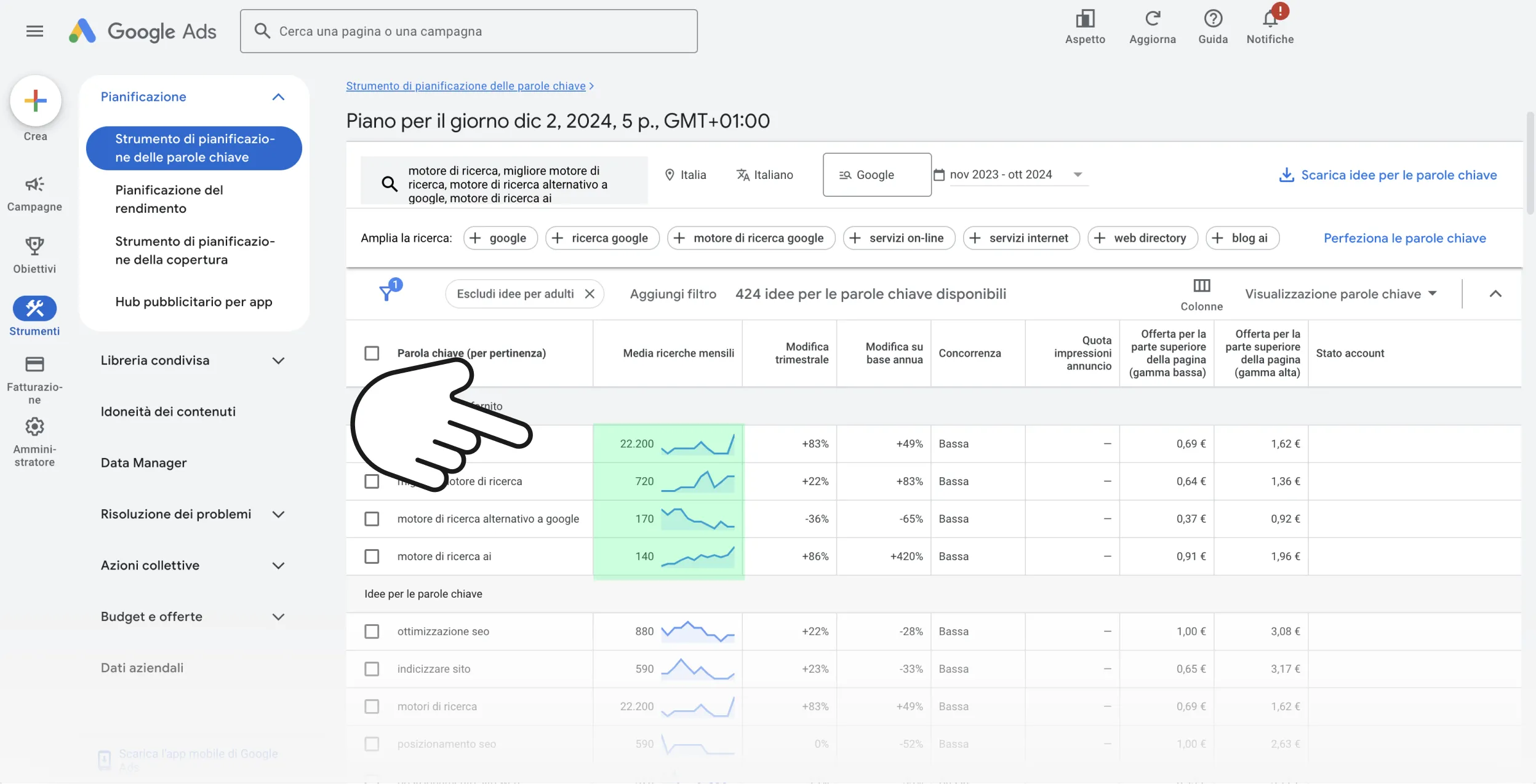 schermata google keyword planner che mostra volume di ricerca per determinate parole chiave