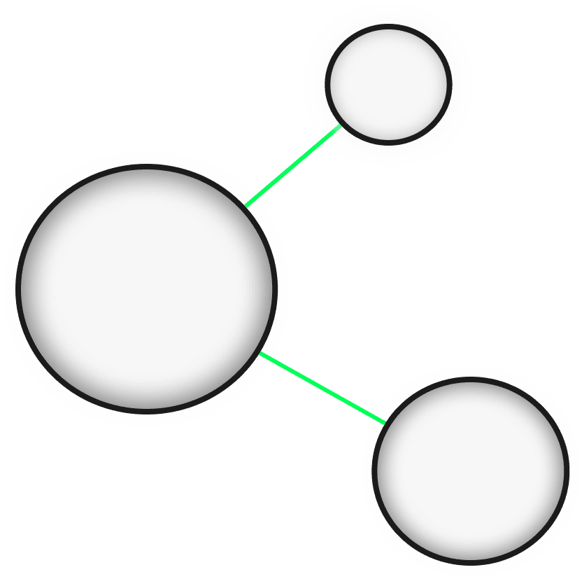 Motivo grafico con tre cerchi con bordo nero e uniti da tre linee verdi ricorda un atomo