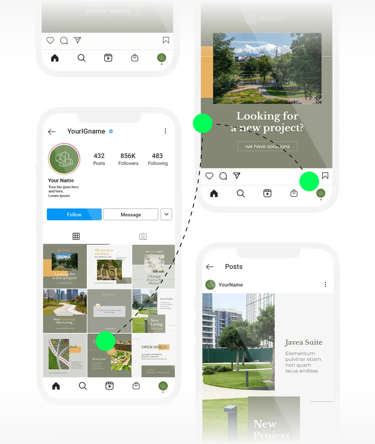 Mockup di un profilo Instagram con post di progetti e visual storytelling per un'azienda di architettura o design