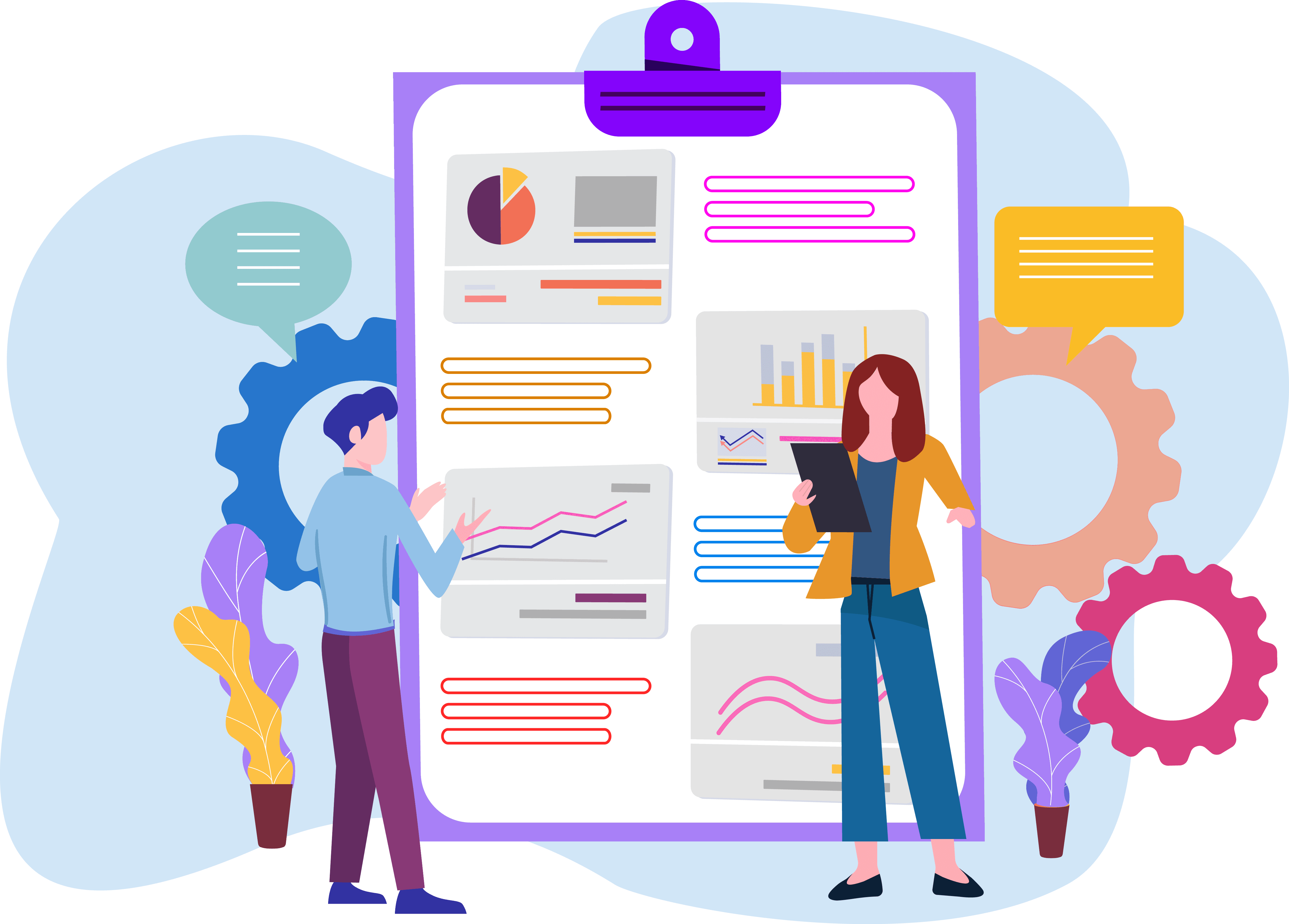 Grafica che mostra con colori vivaci infografiche di monitoraggio dei social